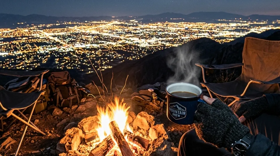 Dua kursi lipat di depan api unggun dengan latar belakang gemerlap city light Batu Malang