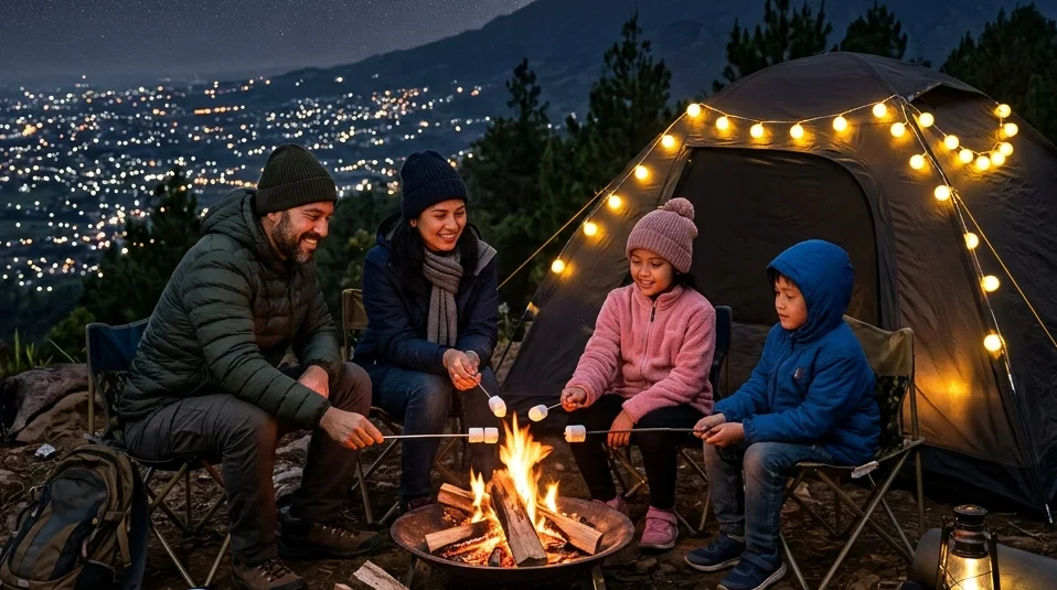 Pemandangan area kemah estetik di Kota Apel Batu Malang saat matahari terbit