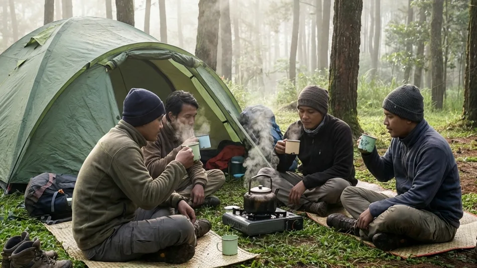 Wisatawan Memasak di Depan Tenda Dome di Hutan Pinus Malang