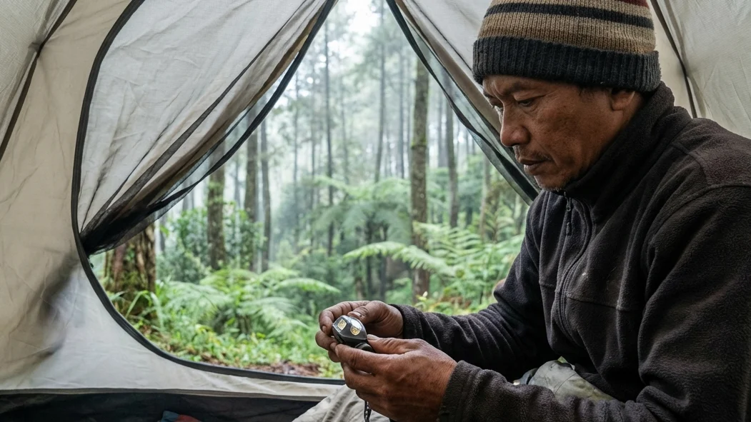 Memeriksa Senter Kepala dan Perlengkapan di Dalam Tenda