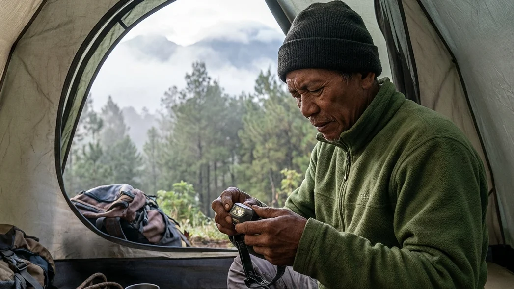 Memeriksa Senter Kepala dan Perlengkapan di Dalam Tenda
