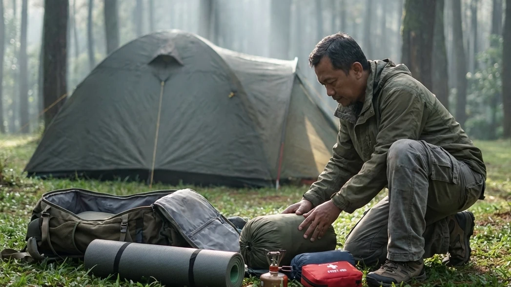 Aktivitas Memeriksa Perlengkapan Senter Kepala Saat Senja di Depan Tenda