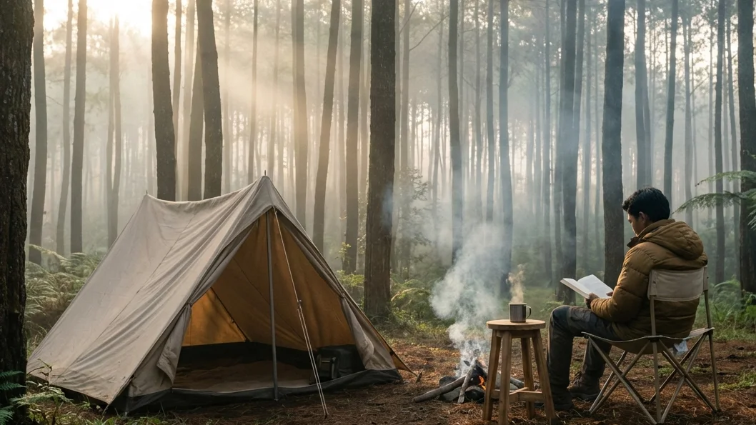 Seseorang Membaca Buku Sambil Healing di Hutan Pinus Batu