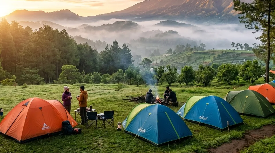 Keluarga menikmati api unggun di malam hari dengan latar belakang city light Batu Malang