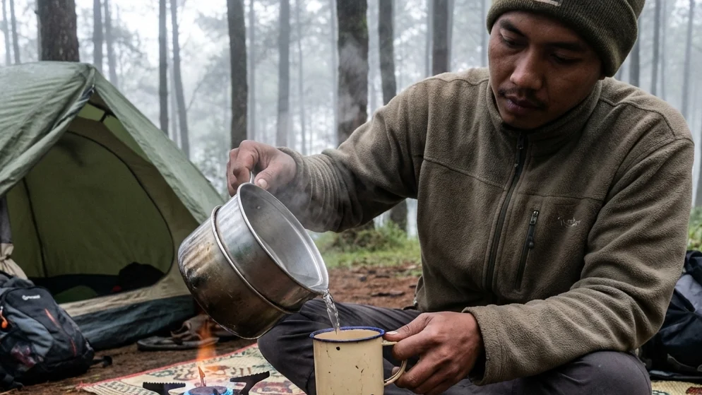 Aktivitas Memasak Menggunakan Kompor Portabel di Depan Tenda