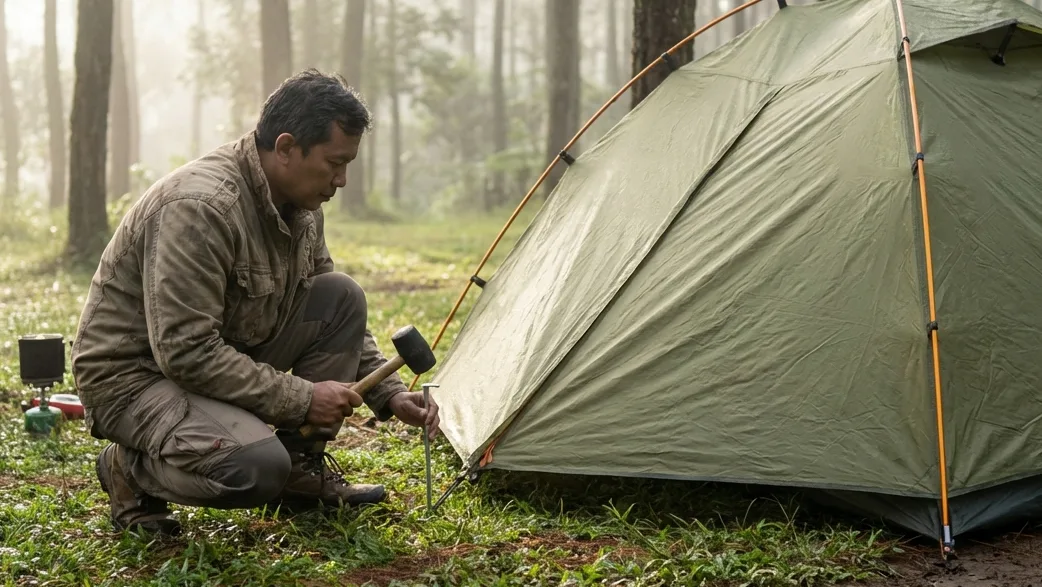 Mengikat Tali Pancang (Guy Lines) pada Tenda Dome di Pegunungan