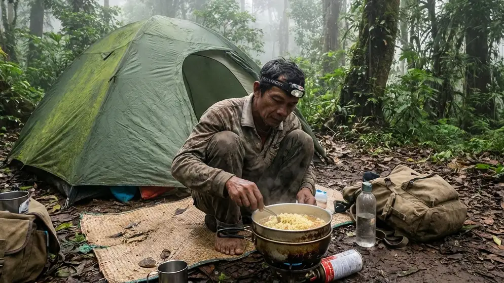 Aktivitas Memasak Menggunakan Kompor Portabel di Tenda Dome Parangan