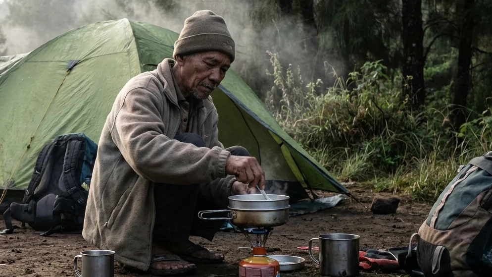 Aktivitas Memasak Menggunakan Kompor Portabel di Tenda Dome