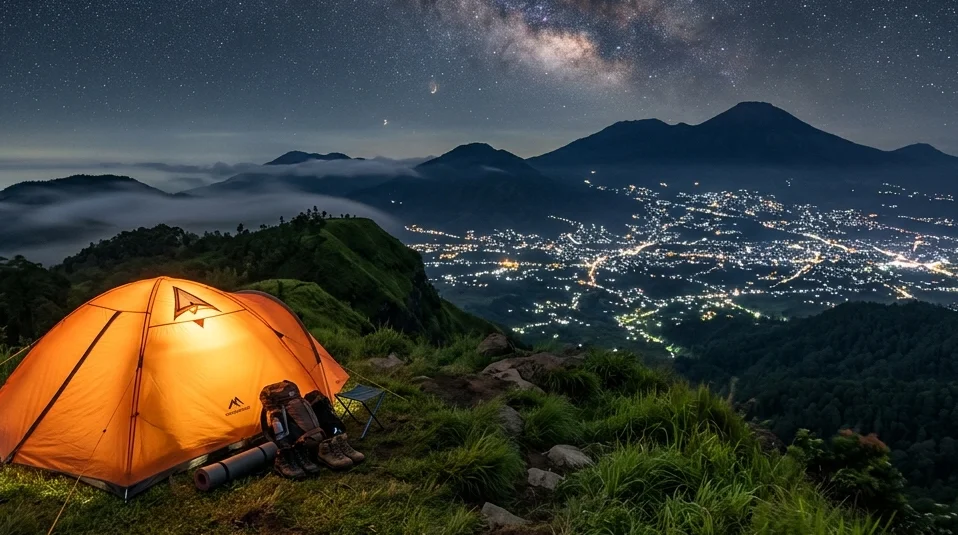 Pemandangan indah tenda camping di dataran tinggi dengan latar belakang city light Kota Batu Malang yang memukau