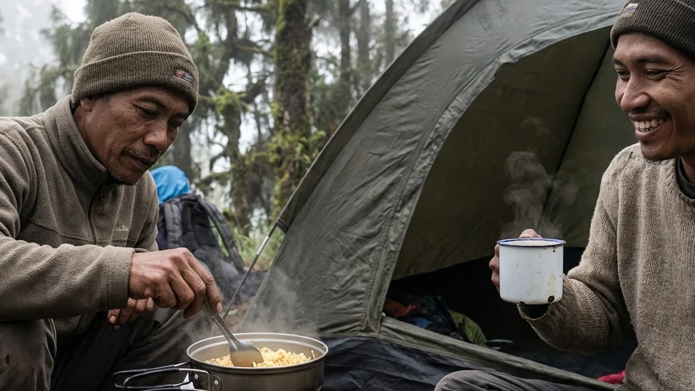 Aktivitas Memasak Menggunakan Kompor Portabel di Tenda Dome Parangan