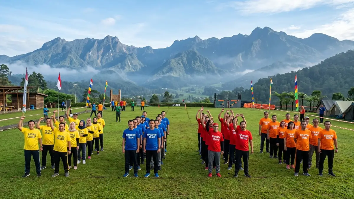 Peserta membentuk formasi dalam game berkelompok
