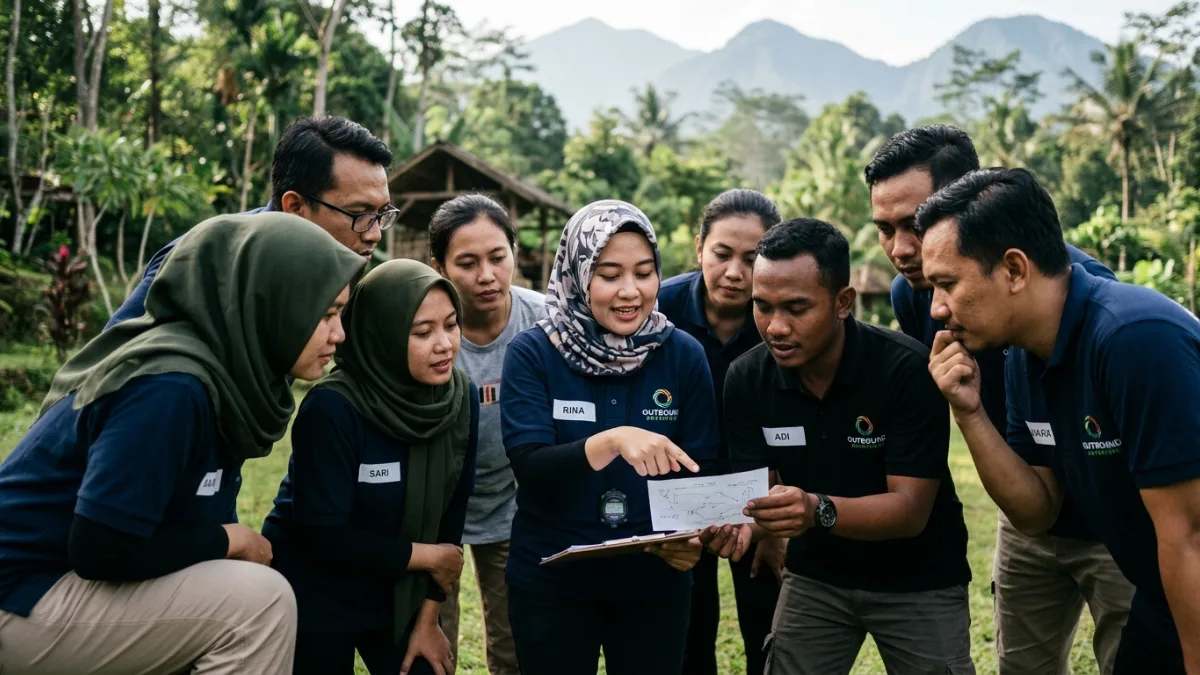 Peserta berdiskusi dalam game kerja sama tim