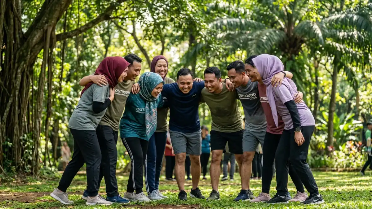 Peserta membentuk lingkaran dalam games outbound