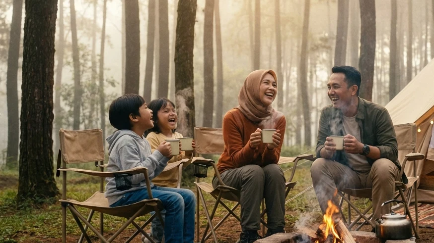 Keluarga Bersantai Menikmati Suasana Hutan Pinus Batu