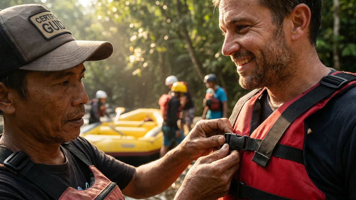 Pengecekan perlengkapan rafting oleh operator