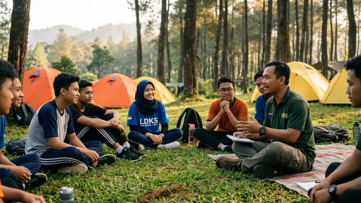 Sesi refleksi dan evaluasi setelah kegiatan outbound LDKS